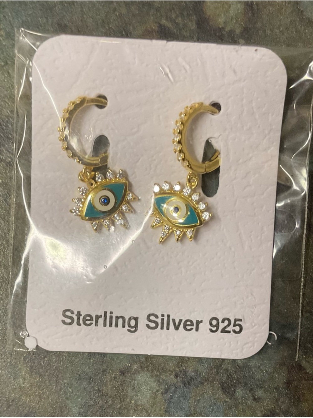 Sterling Silver 925 Gold-Tone Blue Evil Eye Huggie Drop Earrings